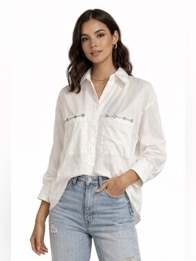 Zara Classic White Button Up Shirt with rhinestone front pocket embellishments